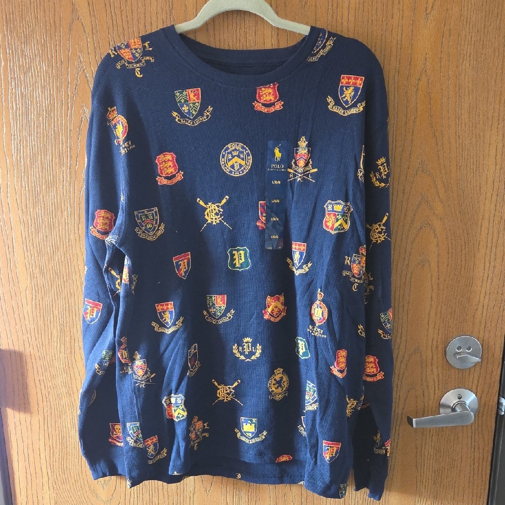 Polo Ralph Lauren Navy Long Sleeve Tee with Multicolor Crests